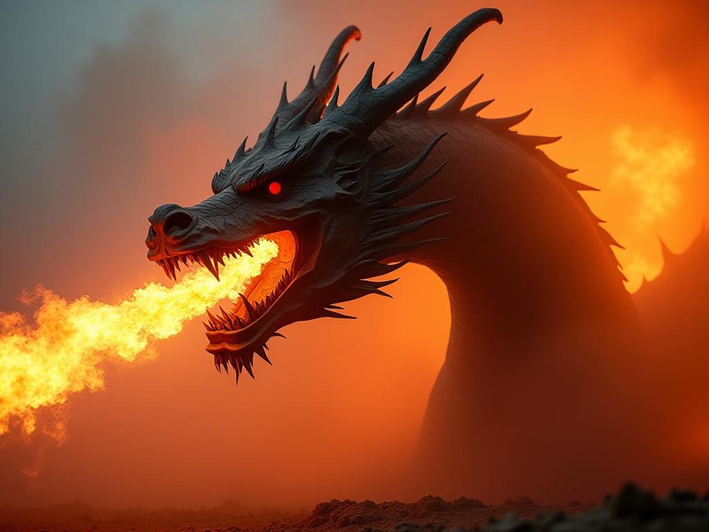 炎に包まれた金属製の龍の彫刻